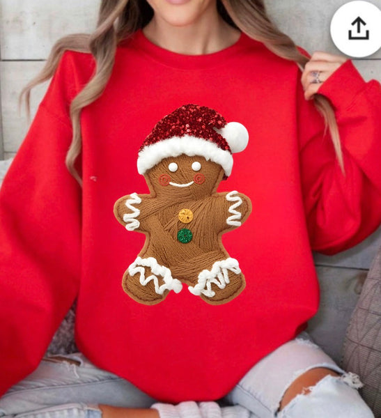 Faux yarn gingerbread man sweatshirt
