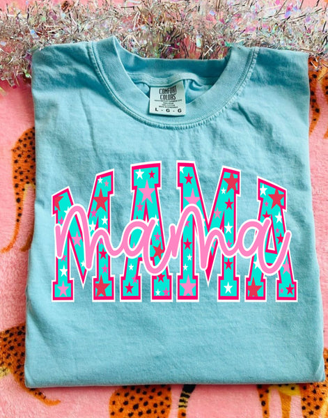 Pink blue star mama tee