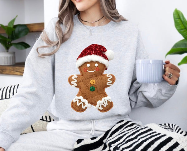 Faux yarn gingerbread man sweatshirt